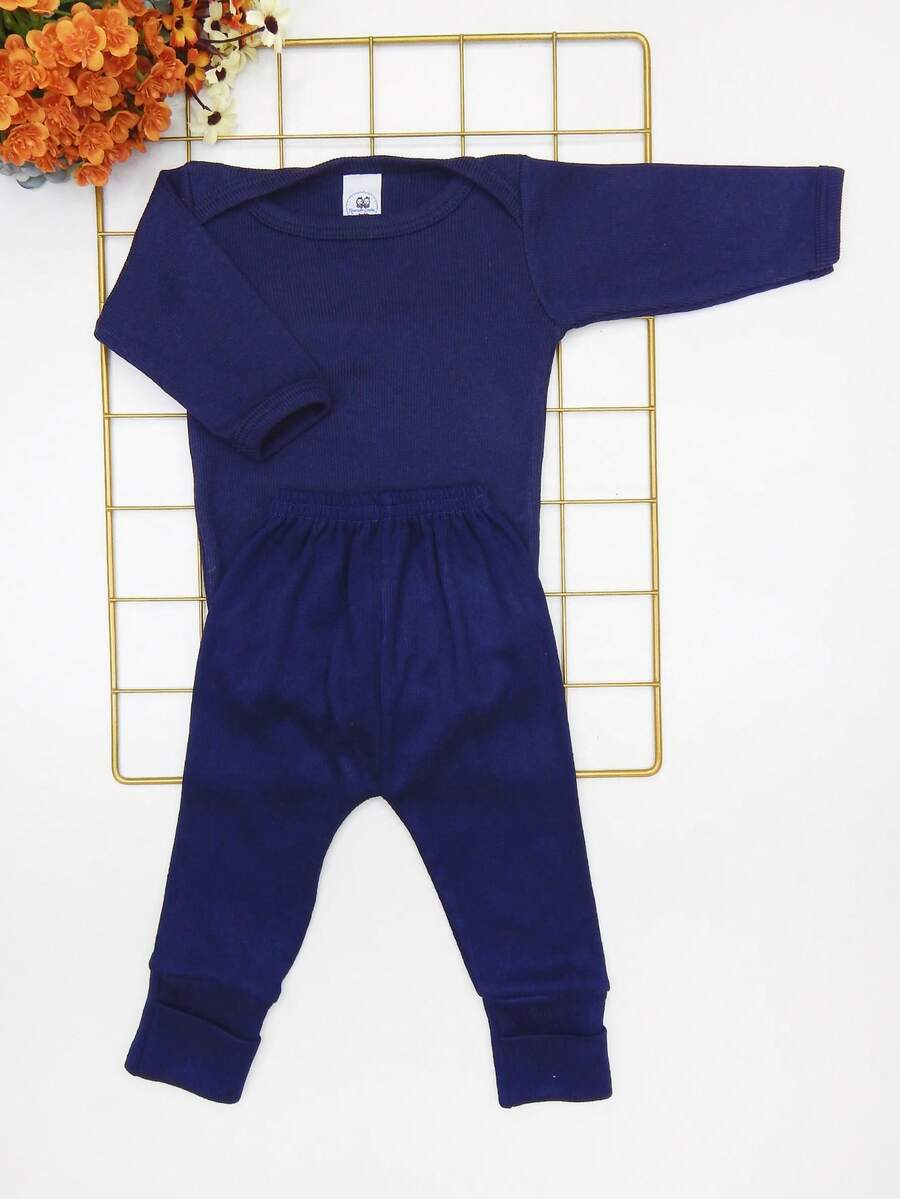 2 Piece Newborn Baby Set Long Sleeve Summer Ribbed Knit / Navy Blue - 藏蓝色 - 查看 1