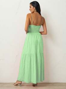Women's Long Dress With V-Neckline, Thin Straps And Flowy Skirt - Verde Lima - Ver 2