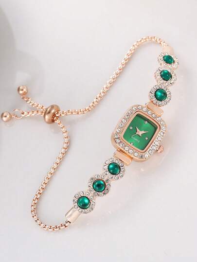 1pc Women's Elegant Business Gold Square Case Rhinestone Scale Dial Square Inlaid Diamond Adjustable Strap Quartz Watch, Hip-Hop Style