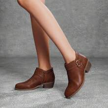 Athlefit Christmas Gift Womens Chunky Low Block Heel Ankle Boots Classic Buckle Strap And Side Zipper Chic Cozy Holiday Booties - 棕色 - 查看 4