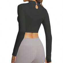 JBT Women's Slim Yoga Long Sleeve Top Black Asymmetrical Waist Chest Cutout For Petite Figures Athletic Gym Wear