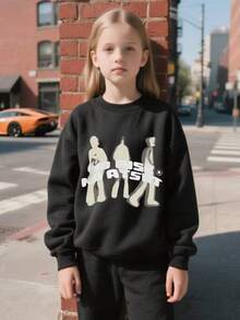 KID004Un suéter negro de cuello redondo para niños con estampados de personajes imaginativos, adecuado para deportes de ocio, viajes, fiestas y reuniones - Negro - Ver 1