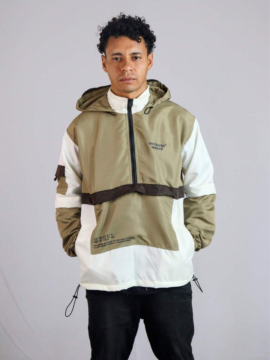 Men's Urban Chameleon Windbreaker Jacket With Hood, Autumn/Spring Style, Oversized Knot Detail And Zipper. - 赭石色和棕色 - 查看 1