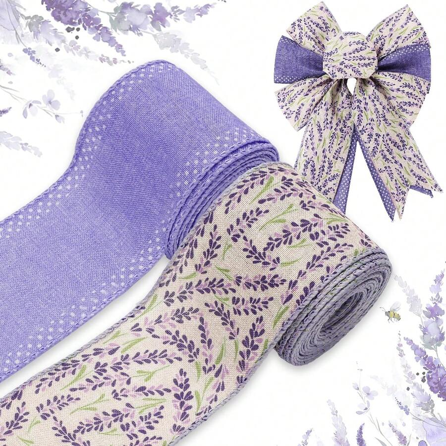Lavender Wired Edge Ribbon Purple Flower Craft Ribbon Spring Suer Floral Fabric Ribbon For Wreath Bow Making DIY Crafts Wrapping Party Dr Supplies, 2 Rolls, 20 Yard,23939725 - 金色 - 查看 1