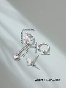 Tkool 3 件套斜角蝴蝶、方晶锆石花朵和心形吊坠混合元素女士耳环、时尚珠宝 - 銀色 - 查看 6