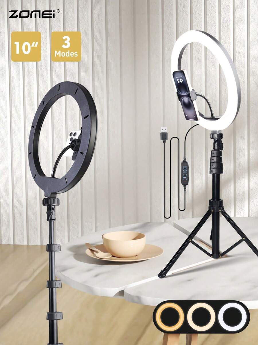 A Set Of 12-Inch LED Ring Light | Portable Fill Light, With 63-Inch Bracket Stable And Portable, 3-Color Light Can Be Switched At Will, USB Power Supply Is Simple And Convenient, Whether It Is Indoor Live Broadcast, Professional Photography, Video Conferencing, Or Outdoor Vlog Shooting, Can Provide You With Professional And Uniform Fill Light Effect. - màu đen - Xem 1