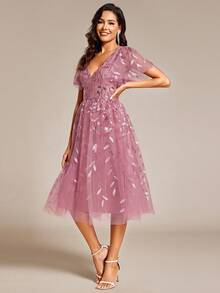 EVERPRETTY Đầm dạ hội tay cánh bướm đính sequin họa tiết hoa màu xám và hồng thanh lịch, thích hợp cho khách dự đám cưới, tiệc tùng, kỳ nghỉ thu/đông. - Bụi hồng - Xem 4