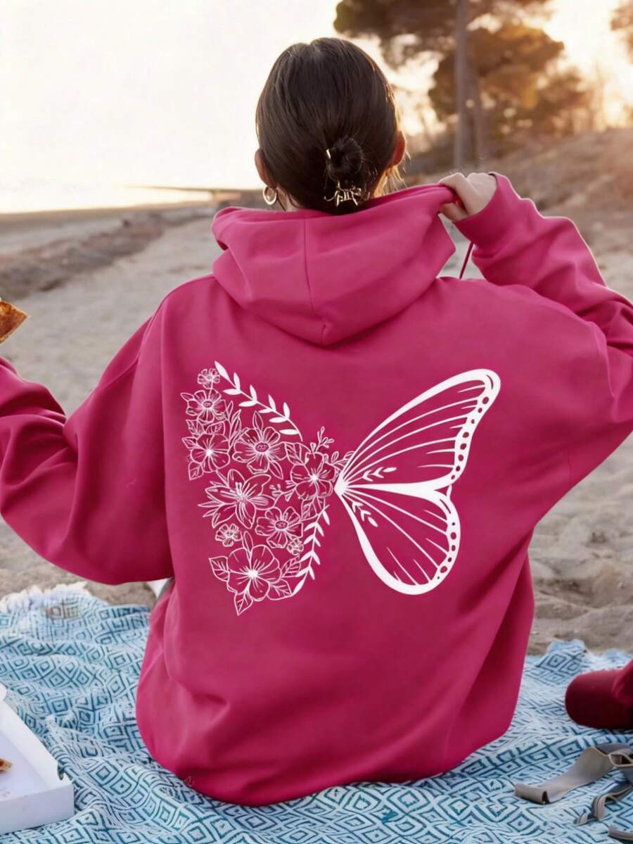 Mujer003-1 Sudadera de mujer  invierno sudadera de manga larga cómoda suave Gorra de capucha rosa con elegante dibujo de mariposa y flores en el espaldas, perfecta para el ocio al aire libre - Rosa Fucsia - Ver 1