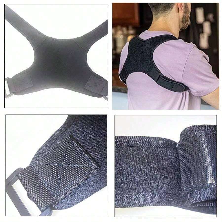 Corrector de postura para hombres y mujeres, soporte de postura ajustable y transpirable, proporciona alivio del dolor para el cuello, espalda y hombros, color gris - Beis - Ver 1