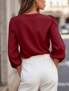 女士纯色V领长袖衬衫，时尚百搭，春季通勤必备 - 酒紅色 - 查看 3