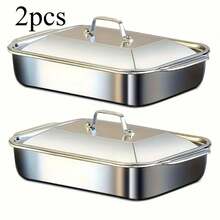 Extra Large Heavy-Duty Stainless Steel Baking Tray (With Lid), Non-Stick Oven/Grill Pan For Roasting/BBQs - Bạc - Xem 3