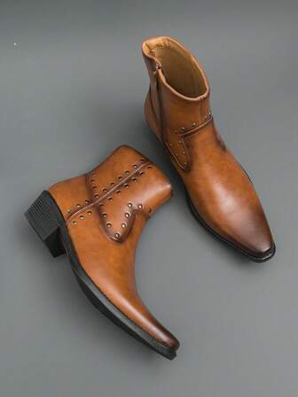 男士尖头切尔西靴，复古英伦风格绅士铆钉装饰摩托车靴，做旧复古靴