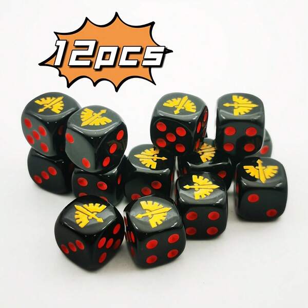 12 Stücke schwarze Würfel 1,6cm mit roten Punkten und goldenem geflügeltem Schwert Logo, Würfelset für Brettspiele, Geburtstagsparty, Feiertage, Familienpartys, Brettspiele