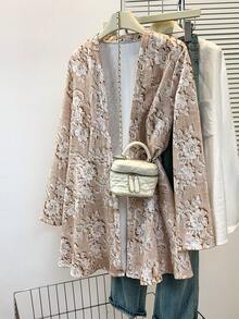 Women's 3D Floral Embossed Jacket, All-Over Bloom Print Open Front Coat With Long Sleeves, Elegant Casual Outerwear For Fall Winter Spring - Apricot - View 8