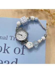 1 Pieza Reloj de cuarzo sencillo con esfera pequeña y correa de cuentas para mujeres. Adecuado para estudiantes y damas para uso diario. Apropiado para decoración diaria y de fiesta. Reloj de mujer, reloj de lujo para damas - Blanco - Ver 4