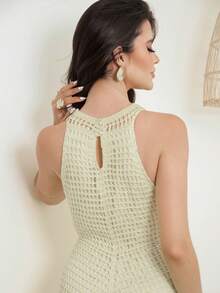 Women's Lace Knit Midi Dress With Pearl Buttons, Elegant Crochet Dress For The Beach, New Year's Eve, White - 離開 - 查看 5