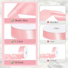 Pink Ribbon 1-1/2 Inch 60 Yards Double Faced Pink Satin Ribbon For Lei Flower Bouquet Hair Bows Gift Wrapping Wedding  Shower Bridal Gifts Home Drations,23939277 - 玫紅色 - 查看 2