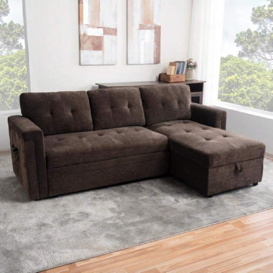 L-Shaped Sectional Sleeper Sofa With Ports - Convertible Pull-Out Bed, Ample Storage, Timeless Design, Durable Construction Espresso/Microfiber,23944371 - Bronze - View 1