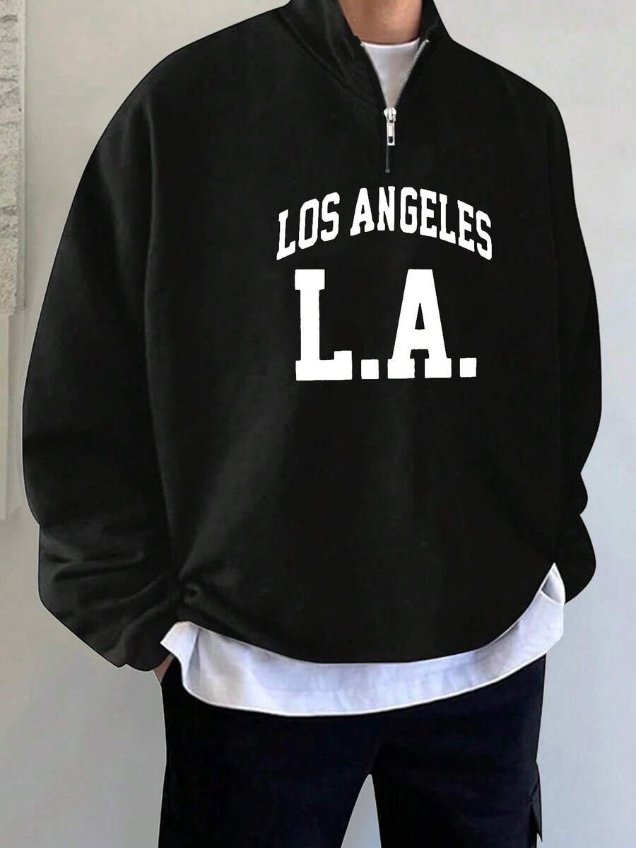 Plus Size Men's Los Angeles Letter Print Zip-Up Casual Sweatshirt, Loose Fit Long Sleeve, Autumn/Winter - Light Grey - View 1