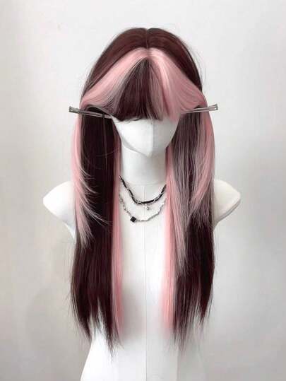 1 Piece Synthetic Heat-Resistant ,Long Straight Hair Wig In Multi Color Wigs ,28 Inches Long, Made From Fiber, Suitable For Daily Use, Natural And Realistic False Hair,Black Tea Dyed Pink Wig ﻿