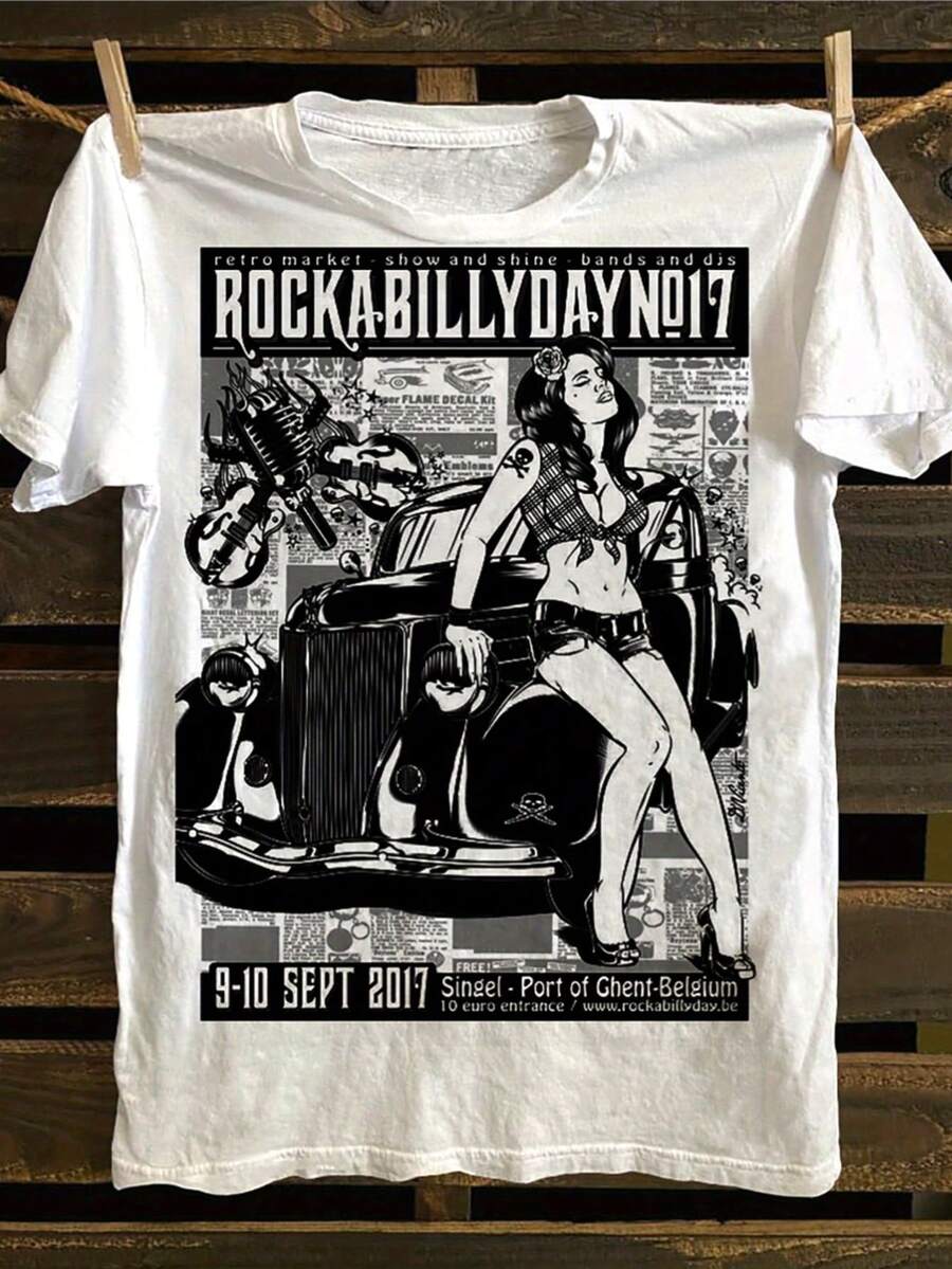 Rockabilly Day No.17 Retro T-Shirt - Vintage Car And Pin-Up Girl Graphic Tee, Short Sleeve Cotton Shirt, Comfortable Summer Breathable Tee, Unique Gift For Rockabilly Fans, Car Enthusiasts, And Vintage Style Lovers - 白色 - 查看 1