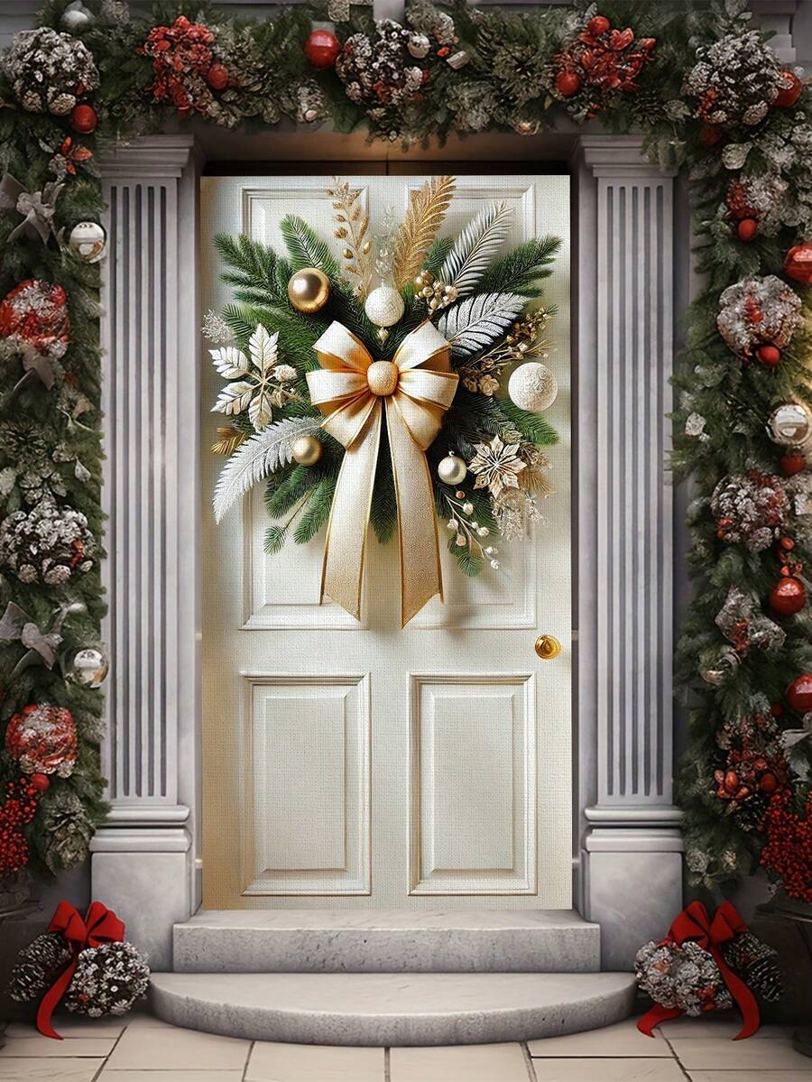 1 peça elegante guirlanda de porta de Natal de poliéster, 35x70 polegadas, decoração festiva para pendurar na varanda para sala de festas e festas, bandeira de porta de estilo artístico para exibição na entrada - Multicolorido - Ver 1