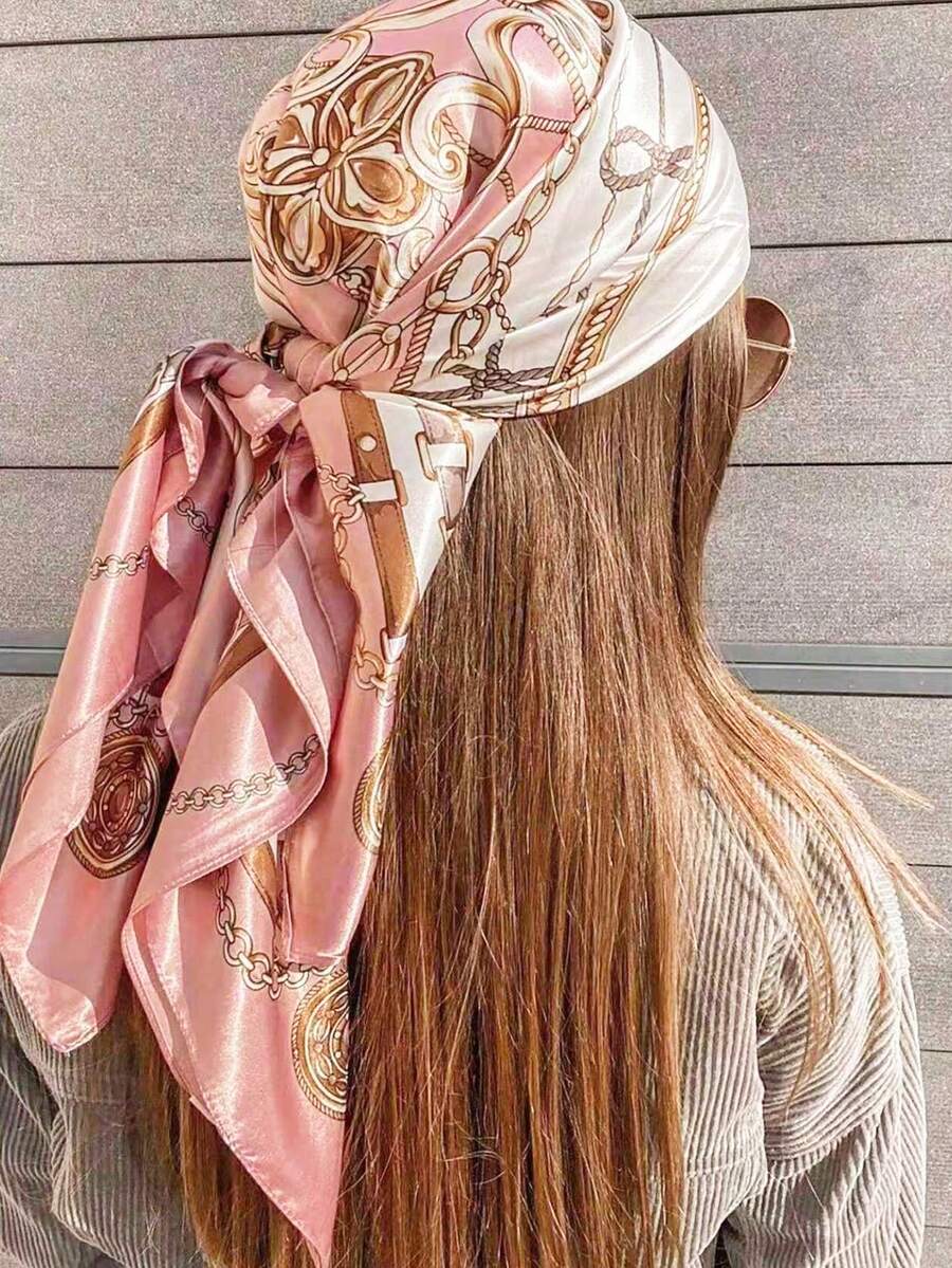 1pc Blush Pink Satin Square Scarf Women Lightweight Boho Headband Hair Accessory Spring Summer Beach Wrap Versatile Bandana Fashion Scarf