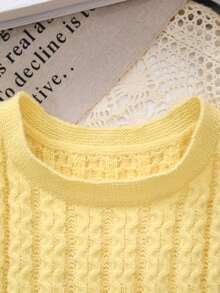 女童圆领针织背心，蝴蝶结设计，纯色，春夏秋 - 黃色 - 查看 2