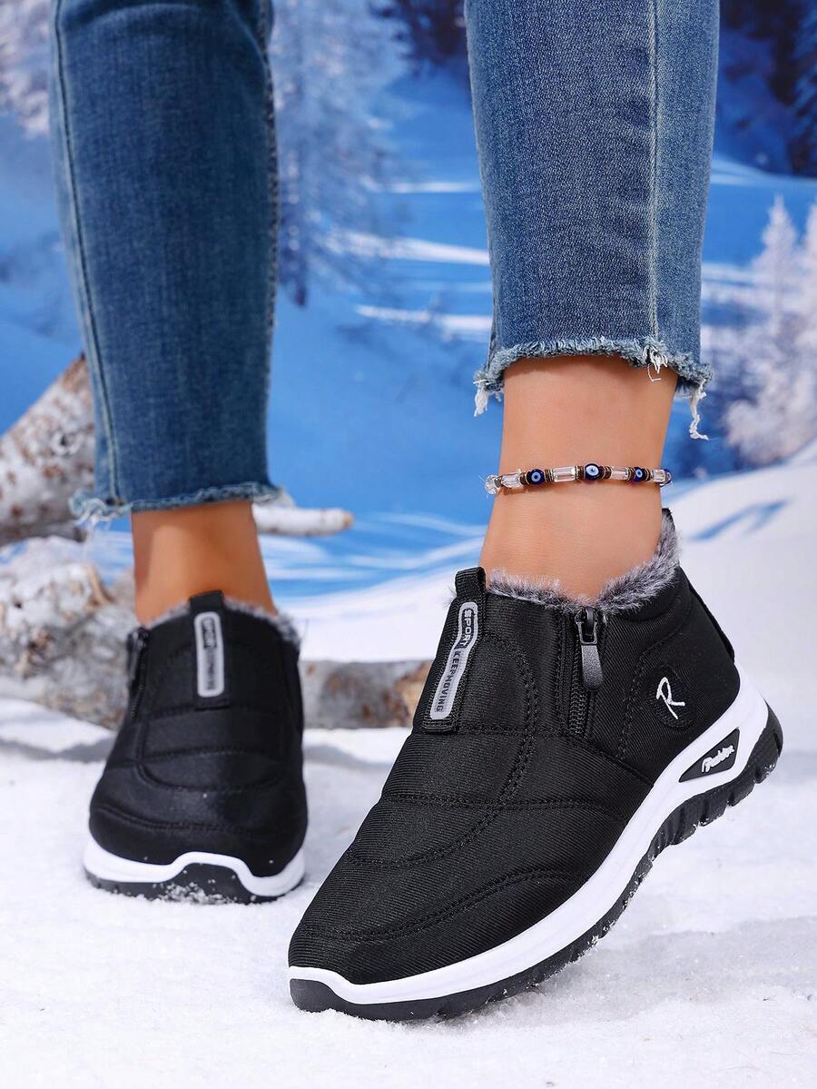 Women's Winter Fashion Casual Snow Boots (Please Note: The Shoes Are One Size Smaller. It Is Recommended To Buy One Size Larger.) - Solid Color, Comfortable And Easy-To-Wear Shoes, Suitable For Daily And Home Use, Round Toe Design, Textile Upper And Lining, Simple Style. - Black - View 1