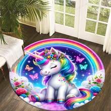 Soft Washable Rainbow Unicorn Round Rug - Non-Slip, Plush Polyester, Ideal For Living Room, Bedroom, Dining Area - Home Decor - Multicolor - View 2