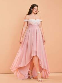Mgiacy-Pop Plus Size Elegante Vestido Maxi Rosa de Renda e Chiffon com Ombros à Mostra, Manga Curta e Bainha Assimétrica para Mulheres, Verão, Casamento, Festa, Férias & Festival - Baby Rosa - Ver 4