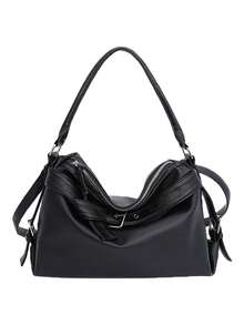 1pc Women's Simple Boston Handbag, Solid Color Versatile Buckle Design Shoulder Bag/Crossbody Bag - Black - View 13