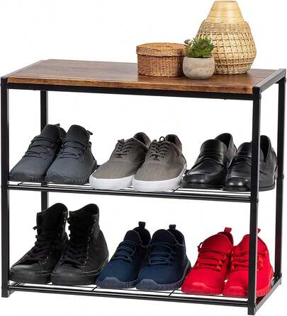 IRIS USA 3-Tier Shoe Entryway, 6 Pairs Shoe Organizer Closet, Stackable Shoe Storage Organizer, Wood And Metal Shoe Rack BenchSpecialForCanada