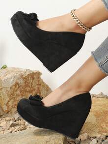 New 2025 Thick Bottom Slope Follow Up Shoes For Women, Round Head Cross Strap High Heels, Women's Leather Shoes, Matte Shallow Mouth, Comfortable Work Shoes - 黑色 - 查看 3