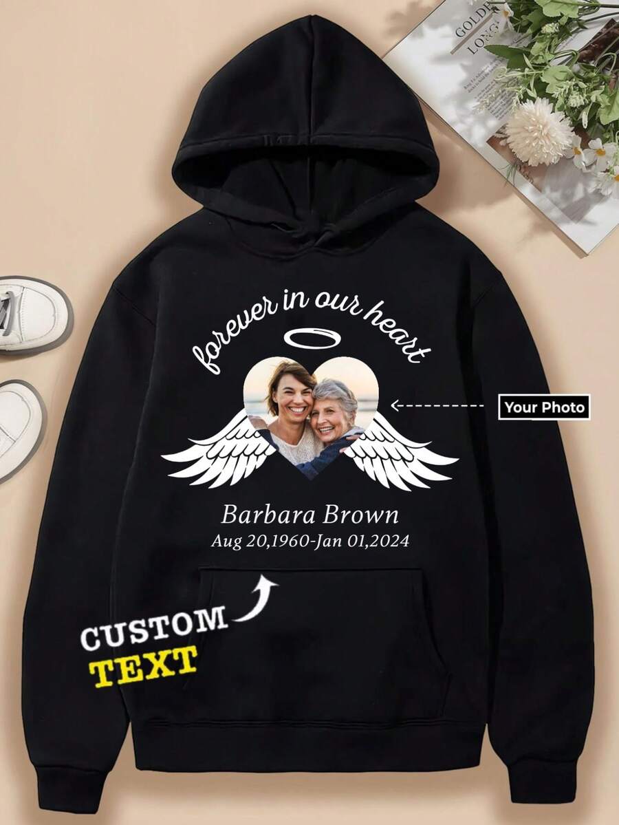 Custom Photo Memorial Hoodie For My Lover, Forever In Our Heart - My Mom/Dad My Angel Personalized Tribute Hooded Sweatshirt, Soft Stretchy Cotton And Polyester, With Pocket & Regular Fit Men's Casual Pullover - màu đen - Xem 1