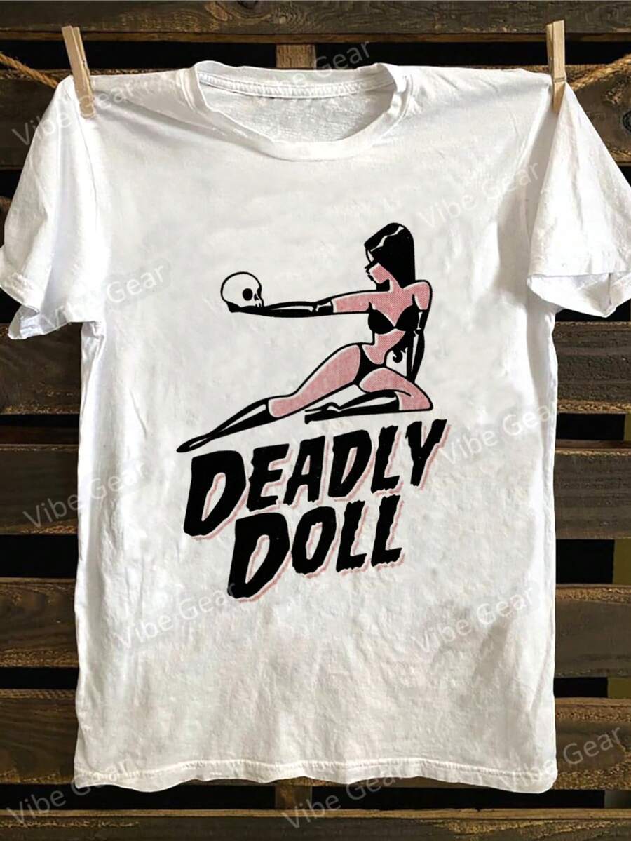Deadly Doll T-Shirt - Retro Pin-Up Skull Graphic Tee, Vintage Style Casual Crew Neck Cotton Shirt, Soft Breathable Summer Tee, Unique Gift For Halloween, Birthdays, And Streetwear Fans - 白色 - 查看 1