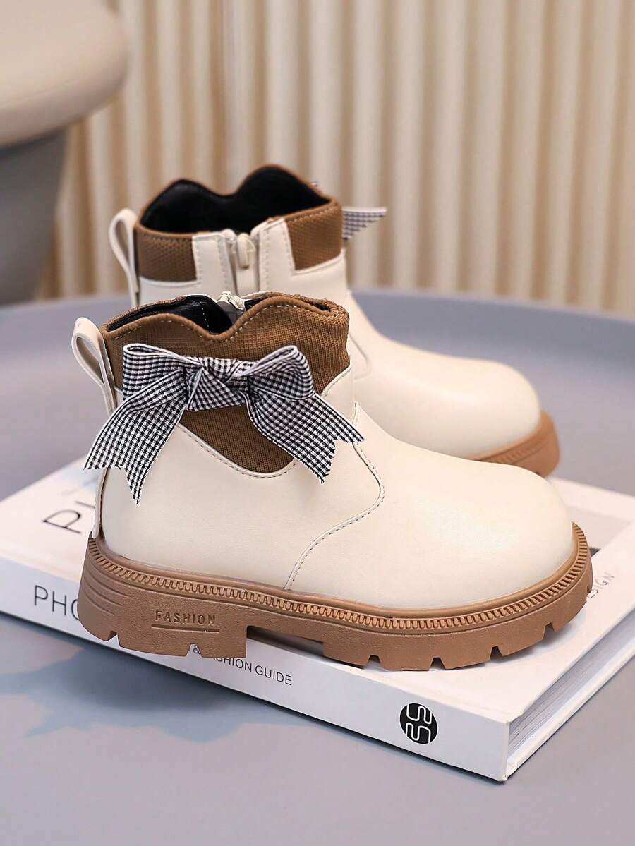 Botas casuales de media pantorrilla de piel sintética para niñas, sin punta redonda, sin suela gruesa, adecuadas para uso diario, otoño/invierno, compras y otras ocasiones - Beis - Ver 1