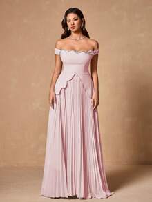 Váy trễ vai màu trơn dành cho nữ, cổ đính đá giả, viền bất đối xứng và thiết kế xếp ly, váy dài trang trọng thanh lịch cho tiệc tối, tiệc tùng - Màu Hồng baby - Xem 5