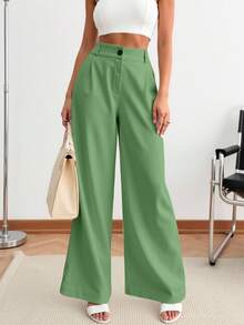 Sily Moda Women's Linen Flowing Pantaloons/High Waist/Zipper And Buttons/Wide Leg Pantaloons - 綠色 - 查看 1