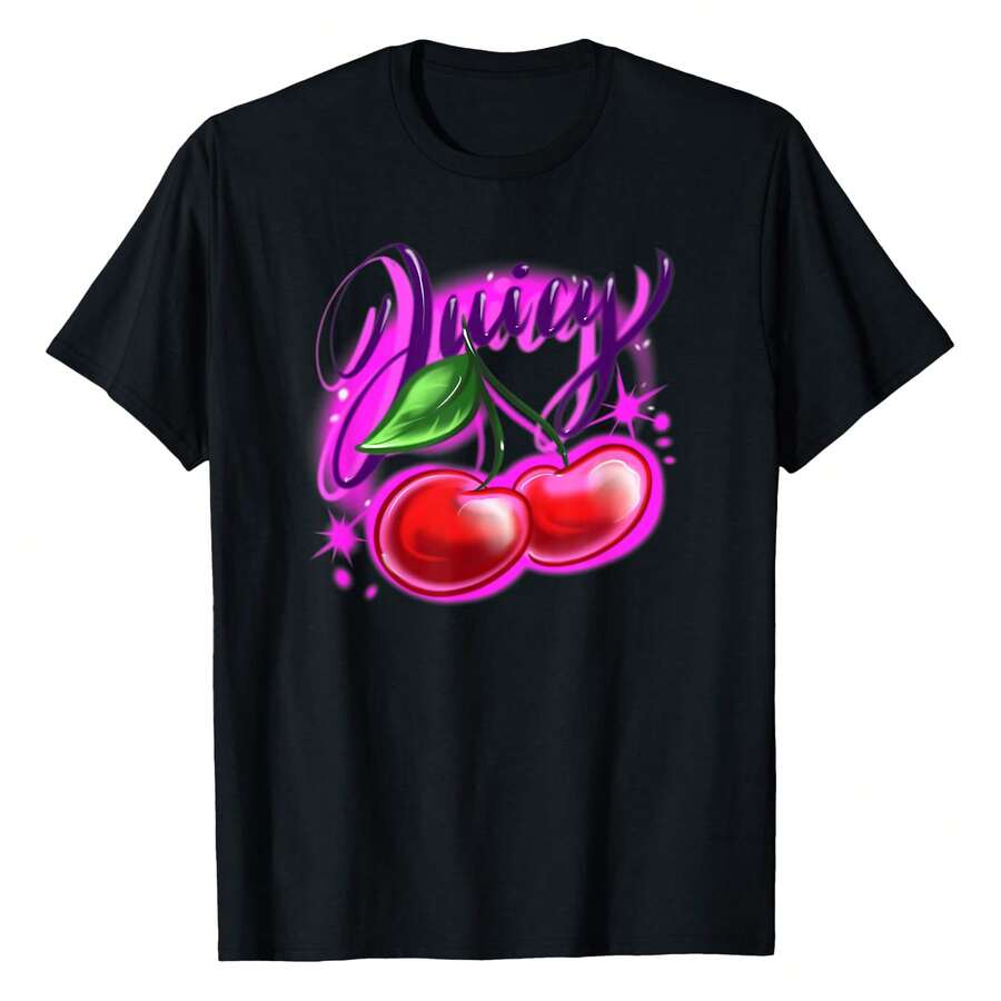 Classic Airbrush Style Illustration Y2k Retro Aesthetic Printed T-Shirt, Women's Printed T-Shirt 220g, 100% Cotton, Retro Street Women's Short-Sleeved T-Shirt, Round Neck Casual Women's Outdoor T-Shirt Short-Sleeved, Halloween, Christmas, Daily Four Seasons Wear, Holiday Gifts - Black - View 1