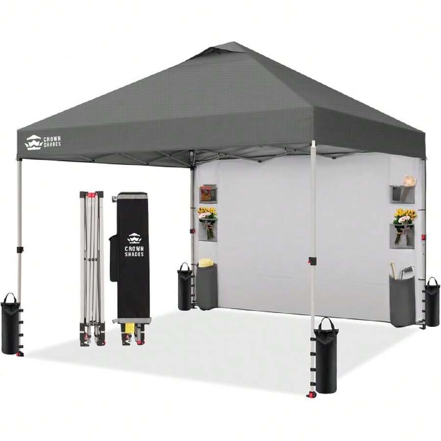 Canopy Tent 10x10 Pop Up Canopy Outdoor Shade With Pockets Sidewall, Easy Up Sun Shelter With One Person Set Up Center Lock, Portable  Camping Beach Canopies Tents, Grid Grey,23950168 - 灰色 - 查看 1