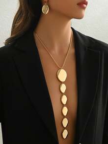 2pcs/Set Fashion Personalized Exaggerated Metallic Geometric 3D Asymmetrical Ellipse Smooth Gradient Snake Bone Chain Y-Shaped Extra Long Pendant Necklace & Earrings Set, Suitable For Party Dresses And Formal Occasions - Yellow Gold - View 16