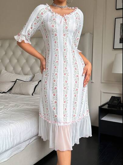 Women's Floral Print Contrast Mesh Nightgown