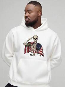 Men's Hoodie, Patriotic Skull Theme, Skull Salute + American Flag Cape + Military Uniform Elements, Printed Hoodie, Comfortable And Soft, Ideal For Gift Giving, Machine Washable,Fall Hoodies,Men's Fall Clothes,Street Wear,Halloween,Mens Hoodies,Y2k Clothes,Jesus Hoodie,Thanksgiving Day,Nightmare Before Christmas,Christmas - White - View 1