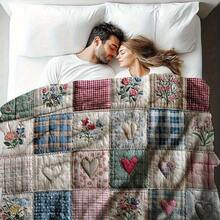 Lightweight Soft Vintage Floral Quilt Design Flannel Throw Blanket Patchwork Multicolor Flowers, All-Season Cozy Travel Office Blanket, Easy To Carry Home Decor, Patchwork Pattern 280gsm X1LG - màu đen - Xem 6