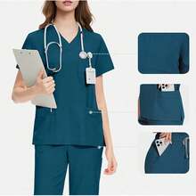 Fade Proof Scrub Set With V Neck Top And Straight Leg Pants Offering Nine Pockets And A Comfortable Fit - Màu xanh ngọc - Xem 6