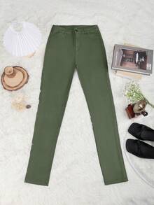 Quần skinny cạp cao, cài nút, túi xéo, chất liệu da PU co giãn, kiểu dáng thường ngày, thích hợp cho lễ hội âm nhạc và tiệc tùng. - xanh quân đội - Xem 8