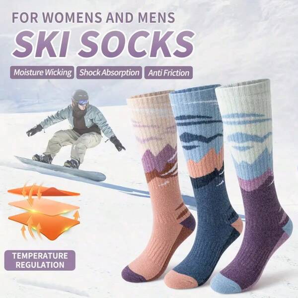 3 Pairs Ski Socks For Women & Men, Thermal Knee High Knit Fabric, Winter Wool Socks, Spandex Material Towel Socks, Breathable & Non-Slip & Wear-Resistant Warm Thick Socks, Sweat-Absorbent Quick-Drying Sports Gear, Ideal Gift For Snowboarding Skiing, Long-Length Socks For Teenagers Outdoor Sports Climbing Hiking Football Basketball