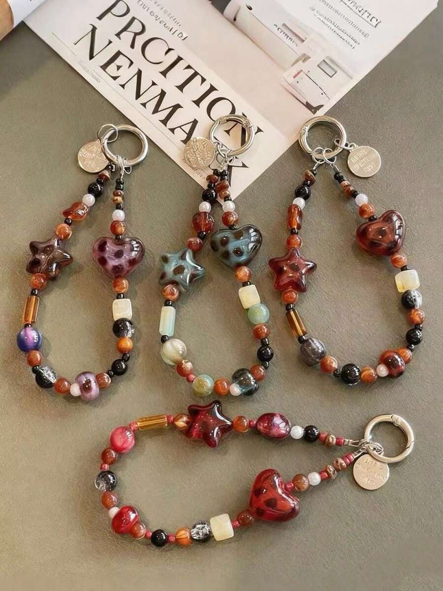 1 قطعة سلسلة هاتف محمول بنمط نمر وشكل قلب وجنمة للخريف والشتاء، قلادة هاتف محمول مصنوعة يدويًا بشكل خرزة، سلسلة مضادة للفقدان لكاميرا CDD، قلادة حقيبة، سلسلة مفاتيح هدية