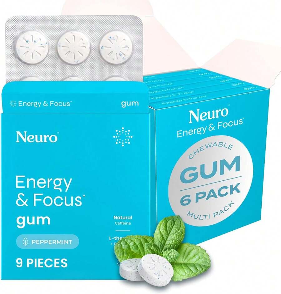 Neuro Energy & Gum - 40mg Natural Gum & Nootropic Energy Supplement With L-Theanine & B Vitamins - Sugar, Vegan - Peppermint, 54ct - 1 - Xem 1